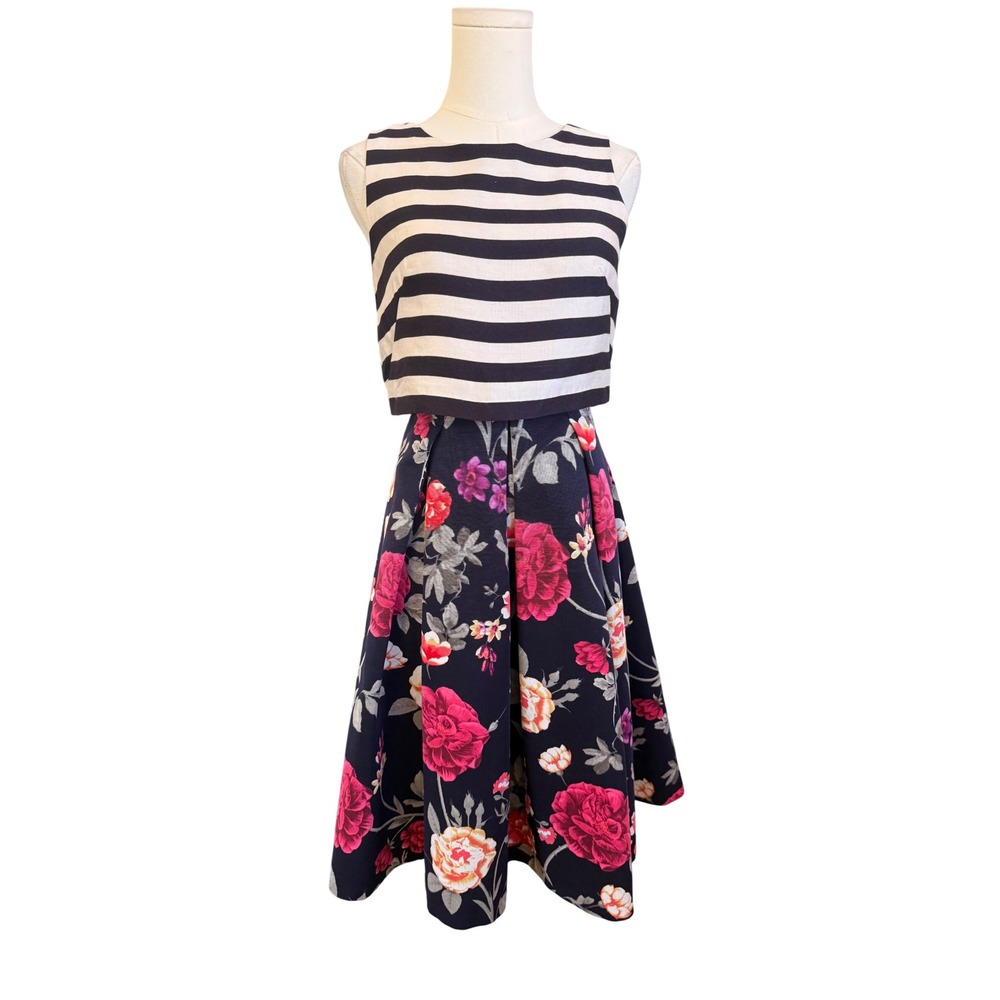 Moulinette Soeurs Anthropologie Floral Striped Fit Flare Dress Navy Pink Size 0